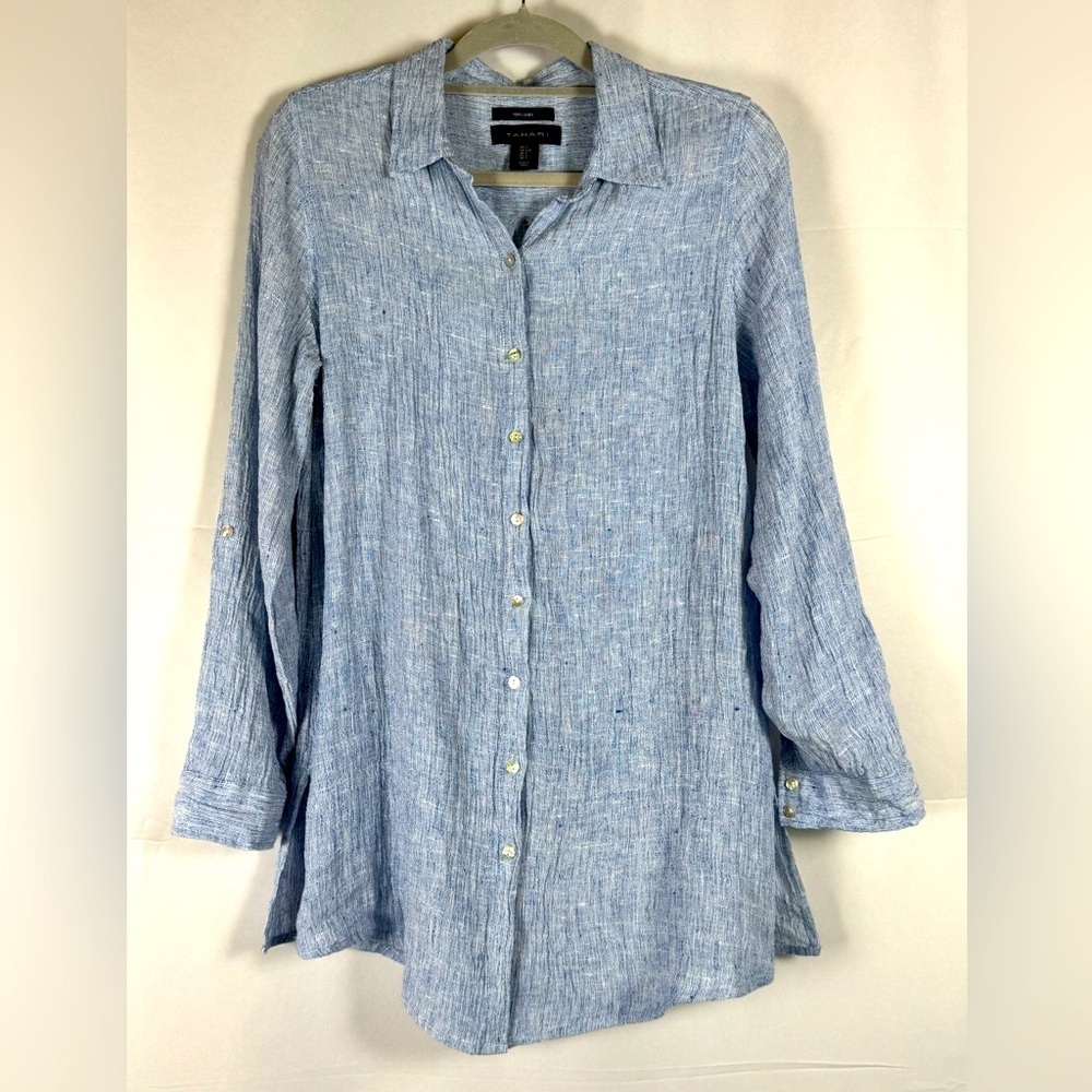 Tahari 100% Linen Button Down Shirt Tunic Lagenlook Preppy Beachy Womens Size S